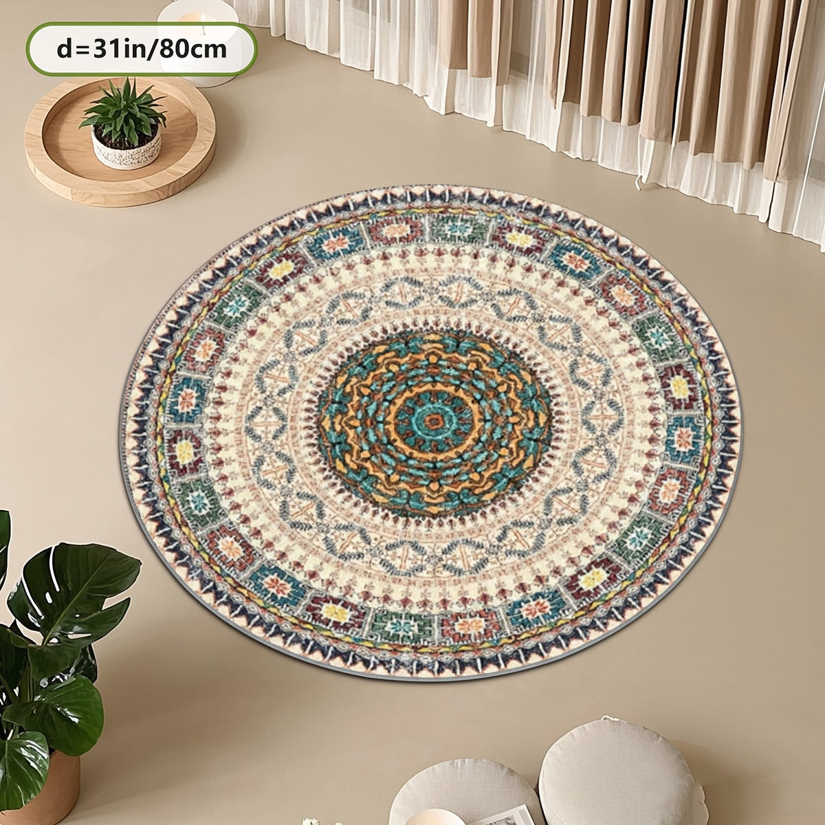 Tapis rond ivoire Ø 200 cm, mandala perse et dos à pois
