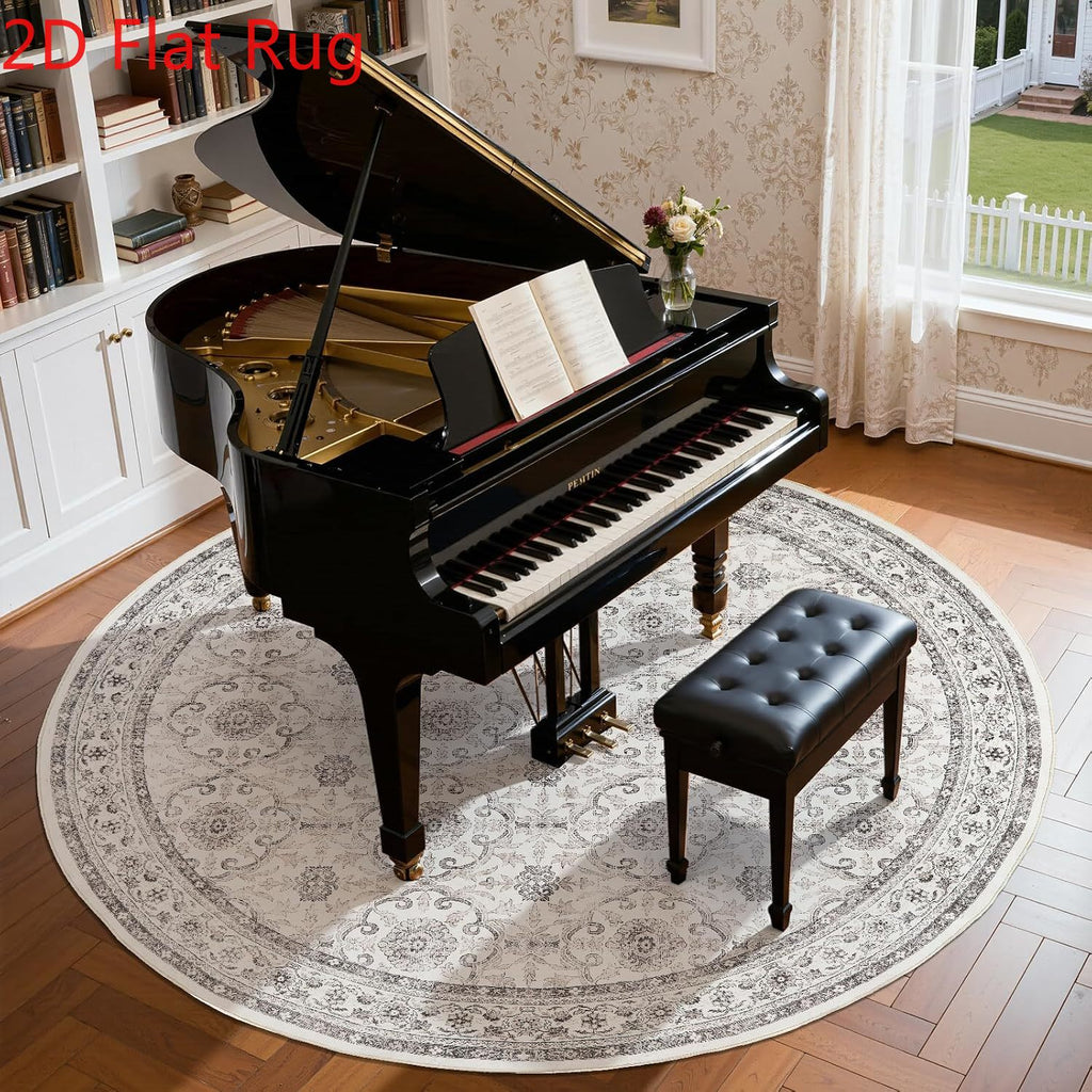 Grand tapis rond ivoire à médaillon floral vieilli, Ø 300 cm