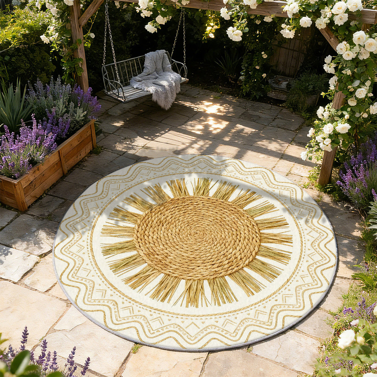 Tapis rond ivoire à soleil de paille doré et frises fines