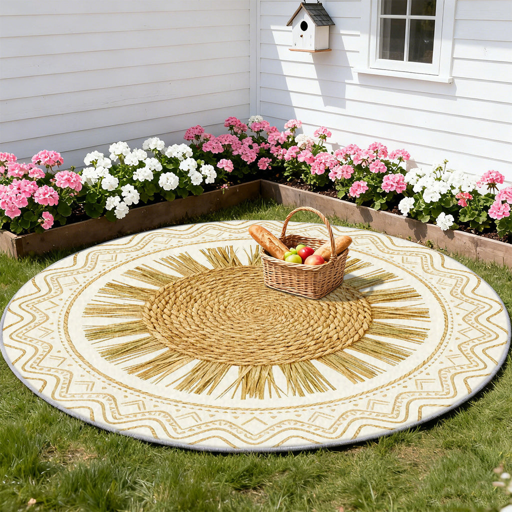 Tapis rond ivoire à soleil de paille doré et frises fines