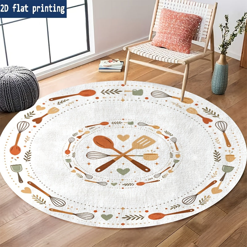 Tapis rond blanc crème, couronne d'ustensiles de cuisine