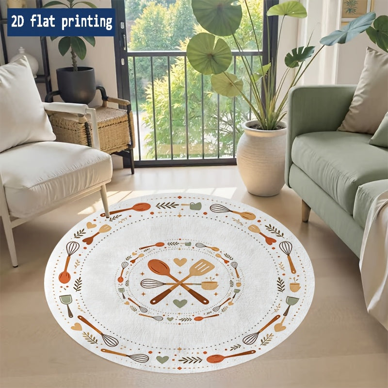 Tapis rond blanc crème, couronne d'ustensiles de cuisine