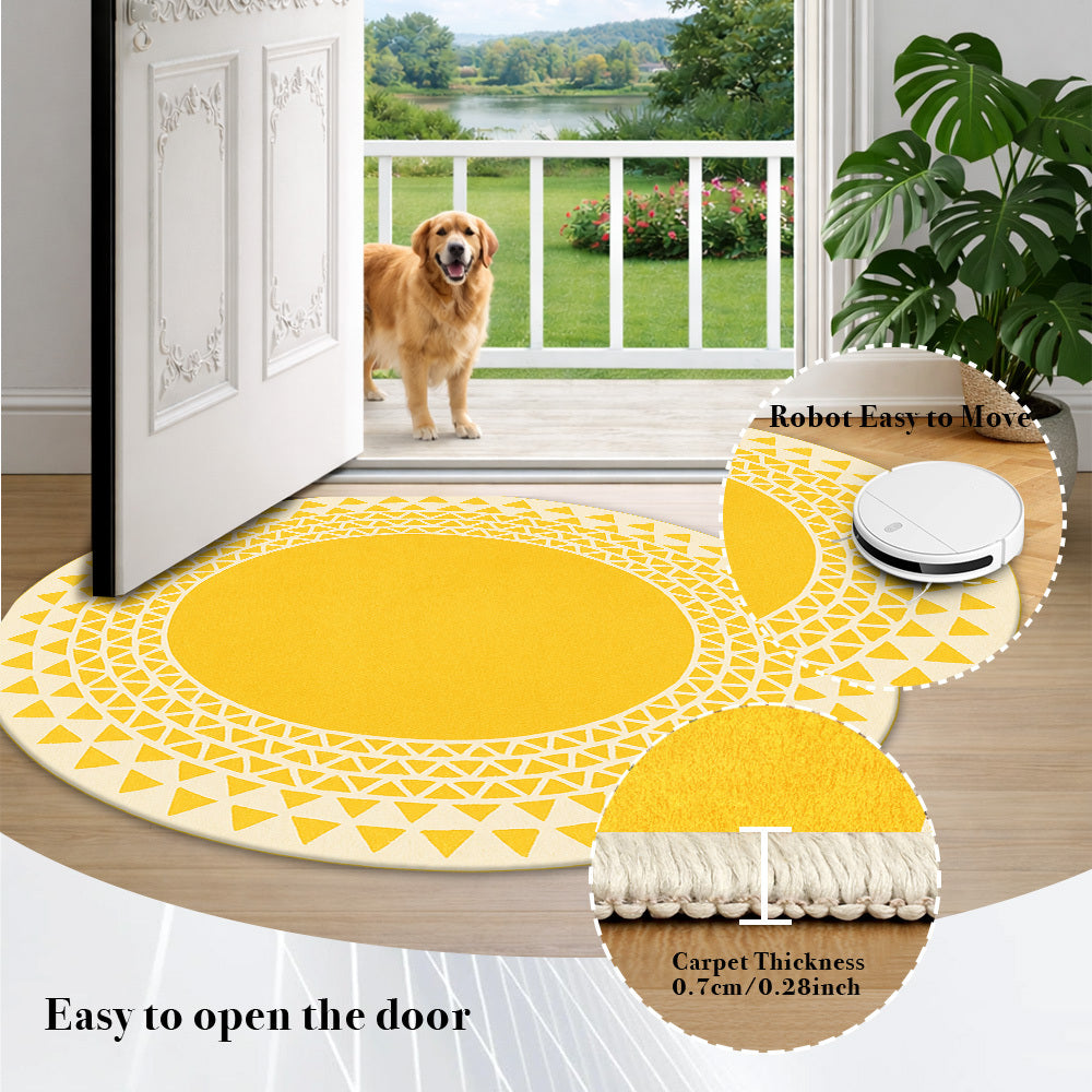 Tapis rond jaune, couronne berbère à triangles, 5 tailles
