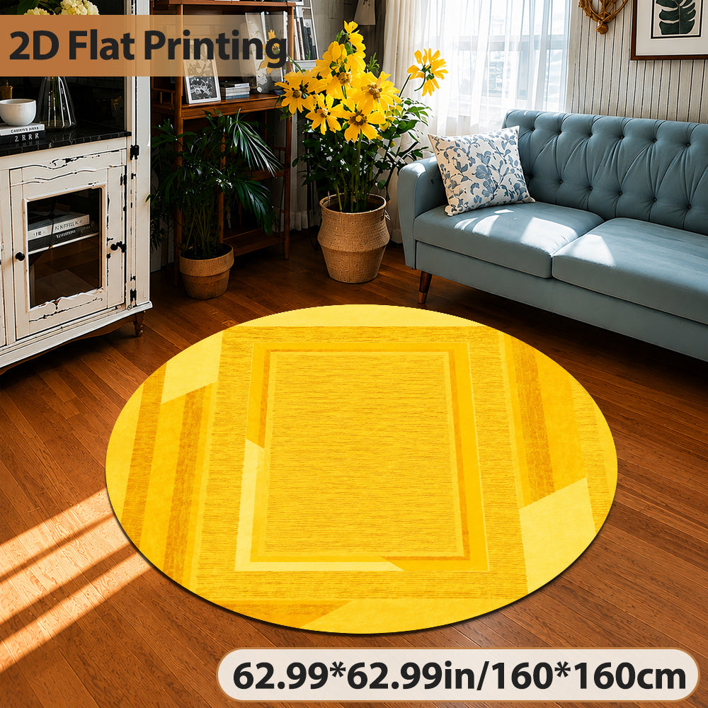 Tapis rond jaune à cadre géométrique, trois diamètres ronds