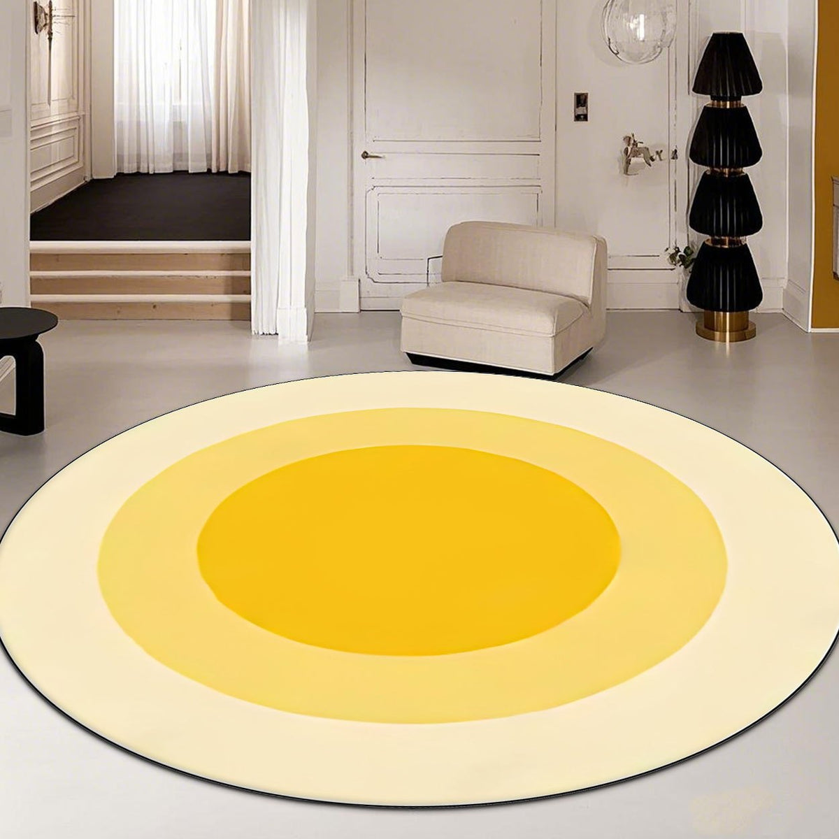 Tapis rond jaune en cercles concentriques, trois tailles