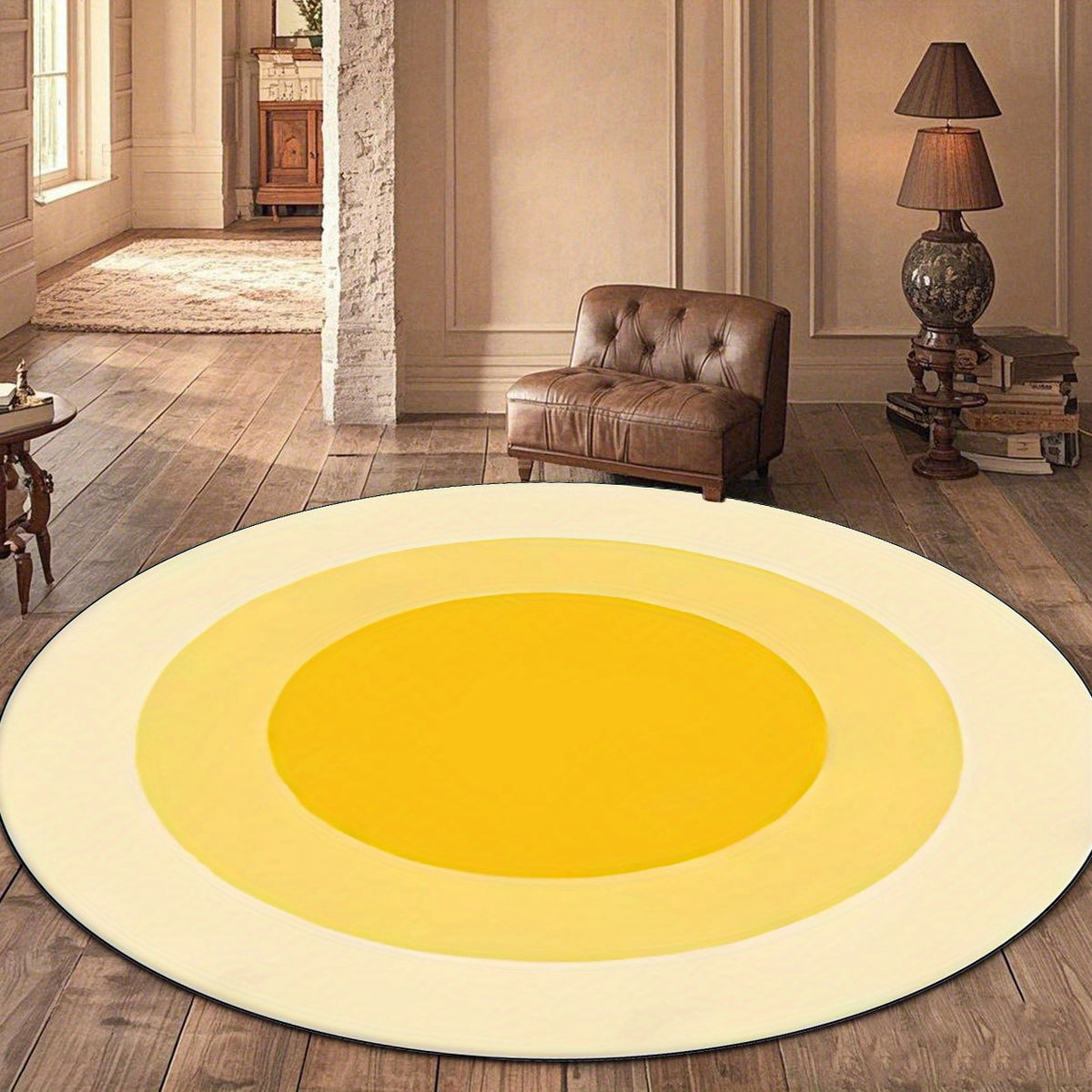 Tapis rond jaune en cercles concentriques, trois tailles
