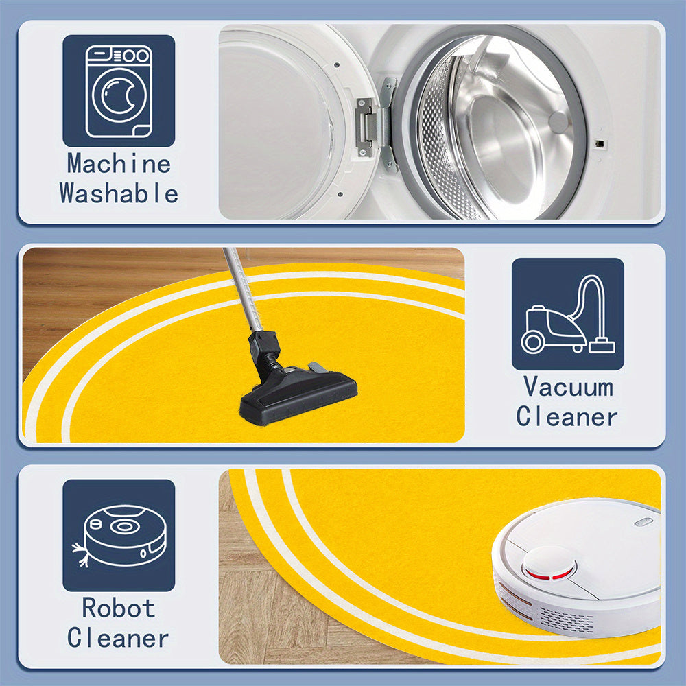 Tapis rond jaune à double filet blanc, imprimé plat en 2D