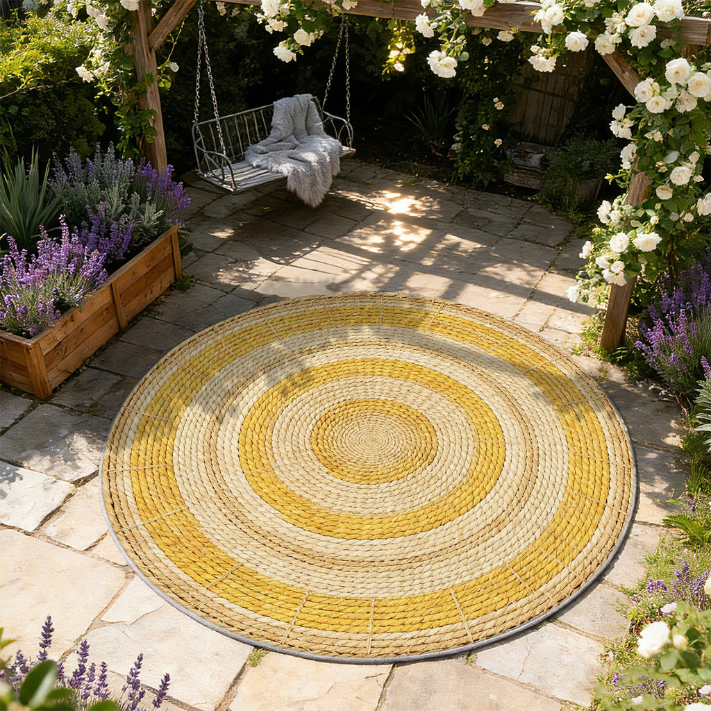Tapis rond jaune et écru à tressage imprimé, style bohème