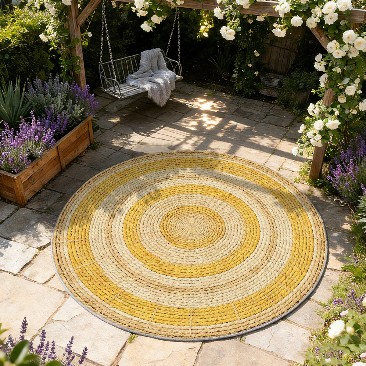 Tapis rond jaune et écru à tressage imprimé, style bohème