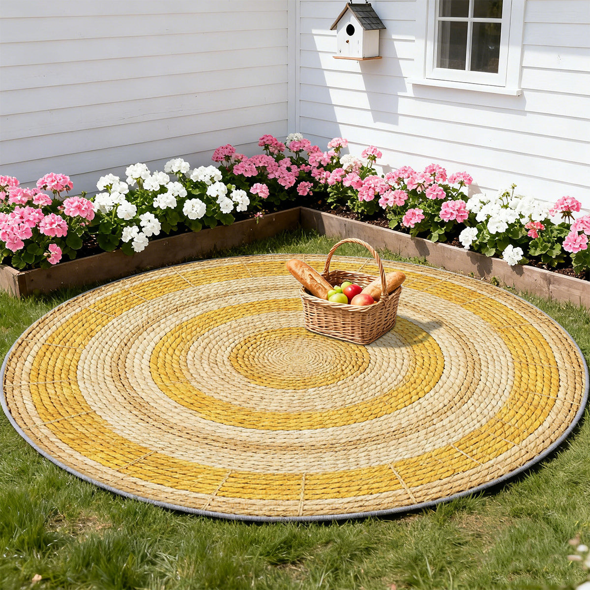 Tapis rond jaune et écru à tressage imprimé, style bohème
