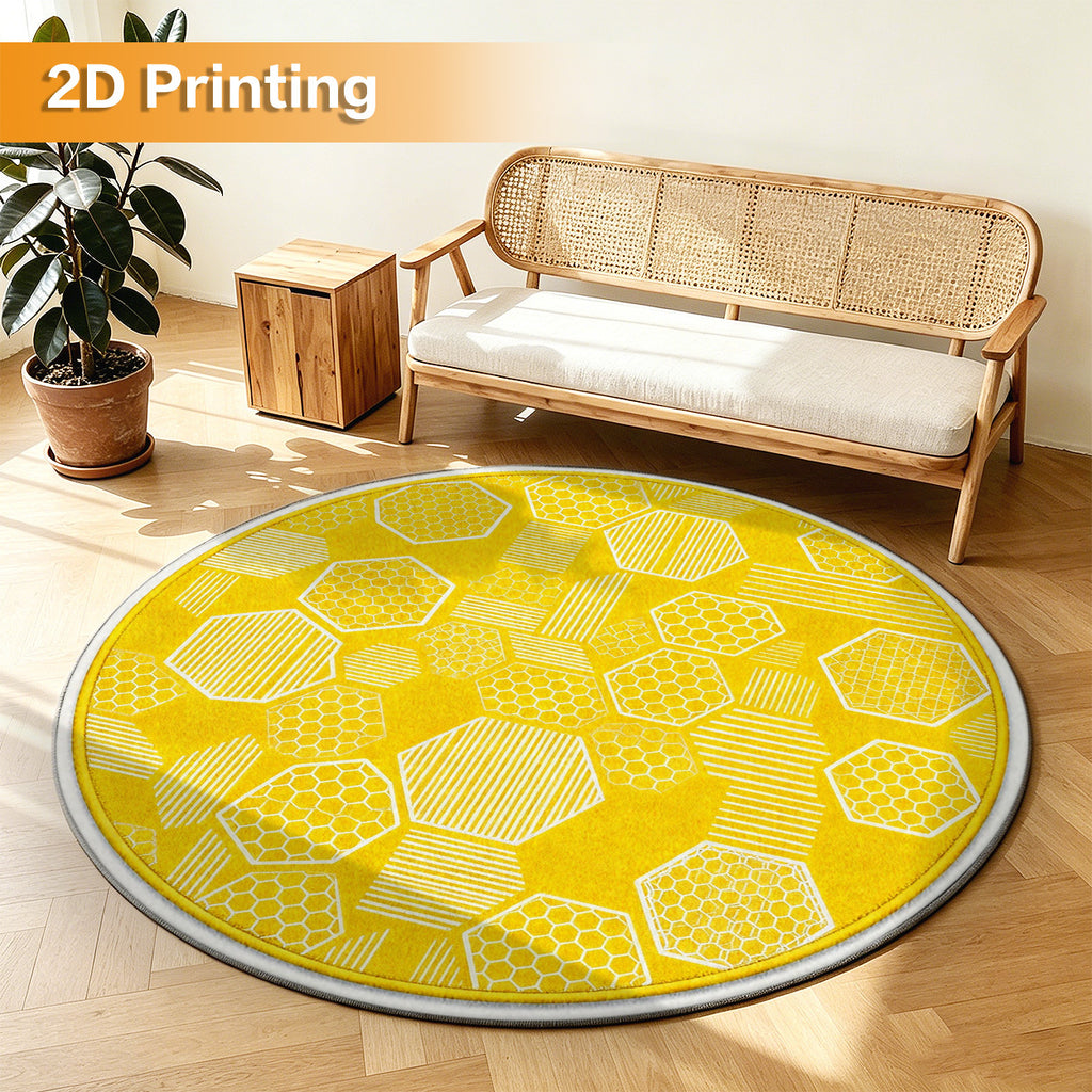 Tapis rond jaune vif à motif nid d'abeille, imprimé 2D plat