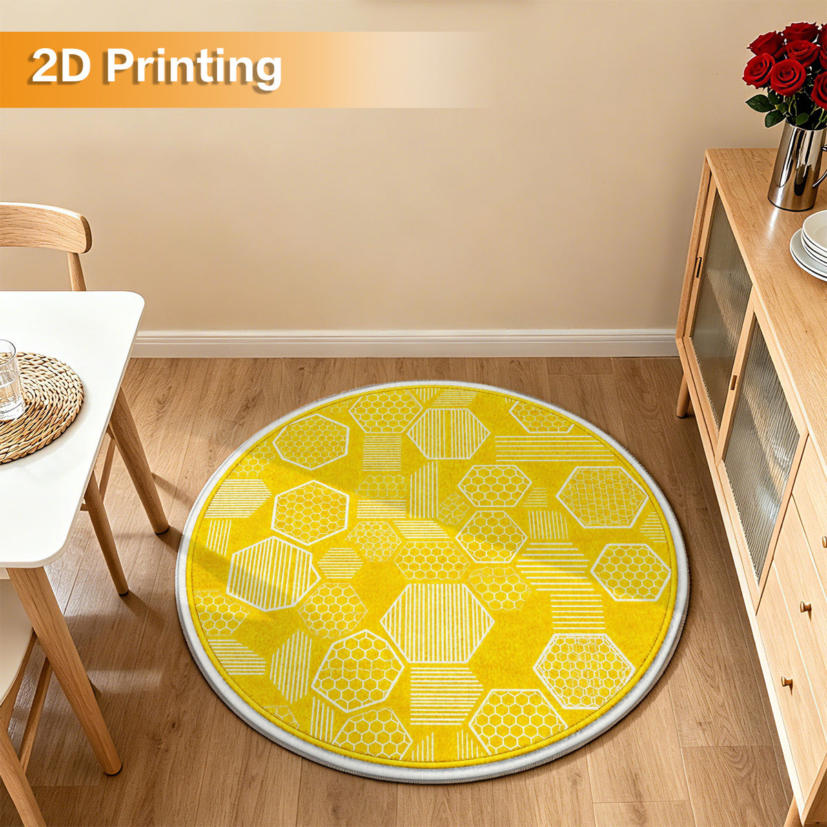 Tapis rond jaune vif à motif nid d'abeille, imprimé 2D plat