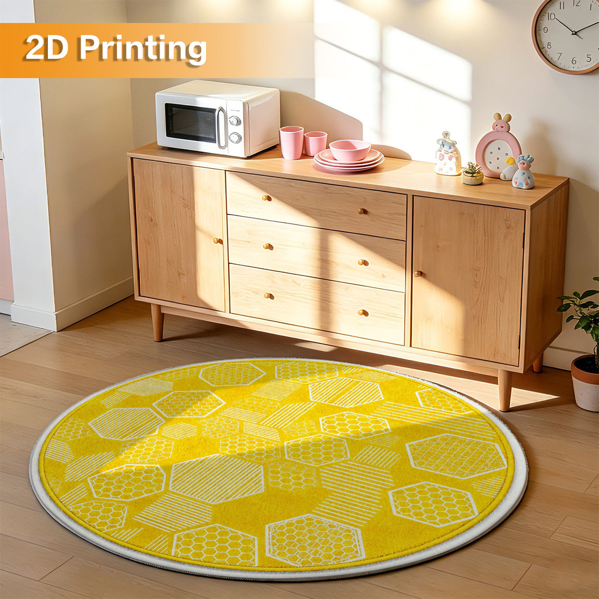 Tapis rond jaune vif à motif nid d'abeille, imprimé 2D plat