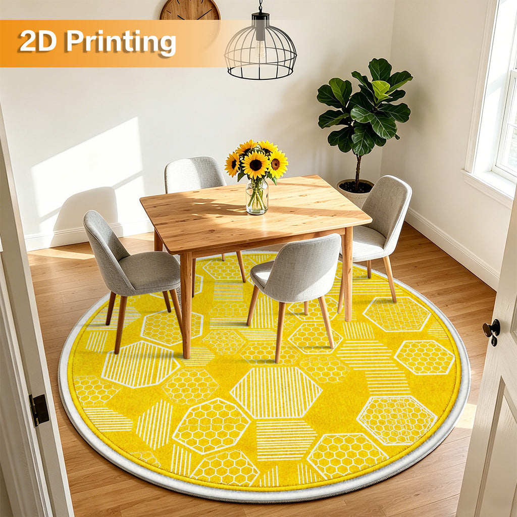 Tapis rond jaune vif à motif nid d'abeille, imprimé 2D plat