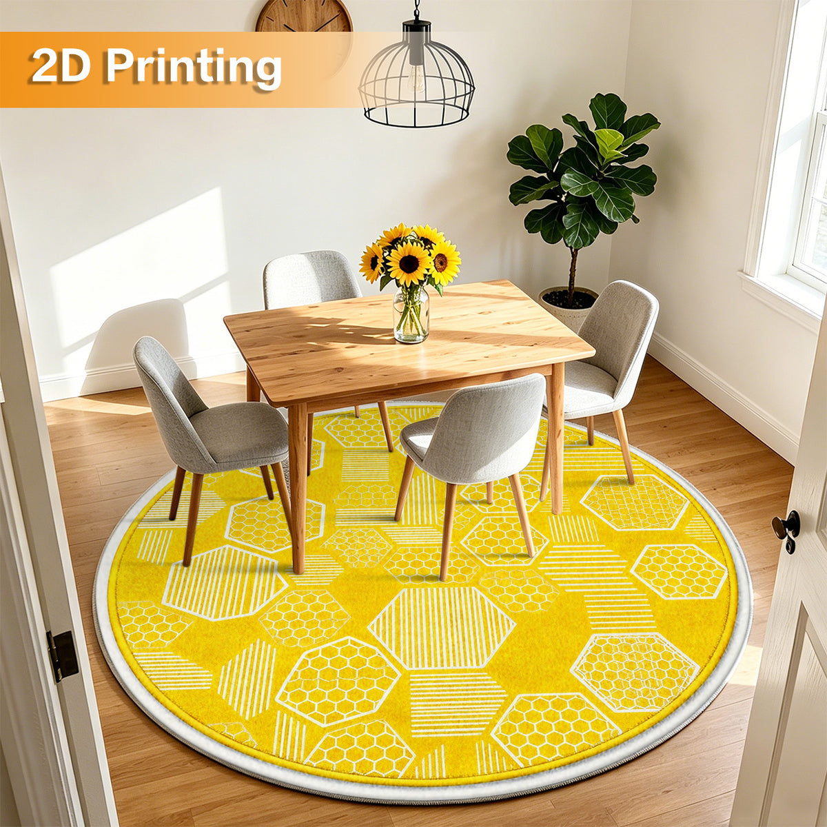 Tapis rond jaune vif à motif nid d'abeille, imprimé 2D plat