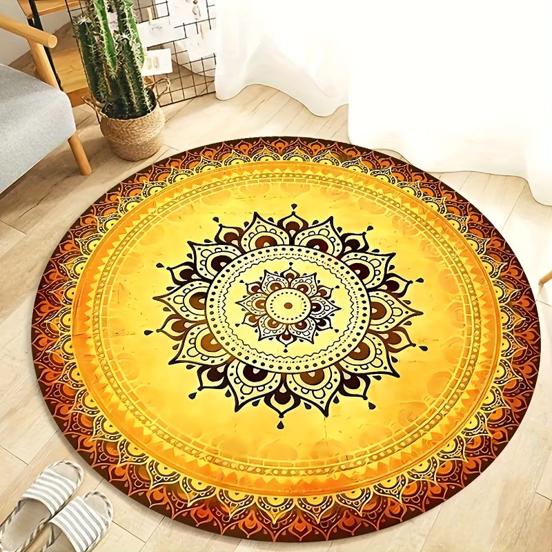 Tapis rond jaune à mandala soleil, Ø 180 cm en velours ras