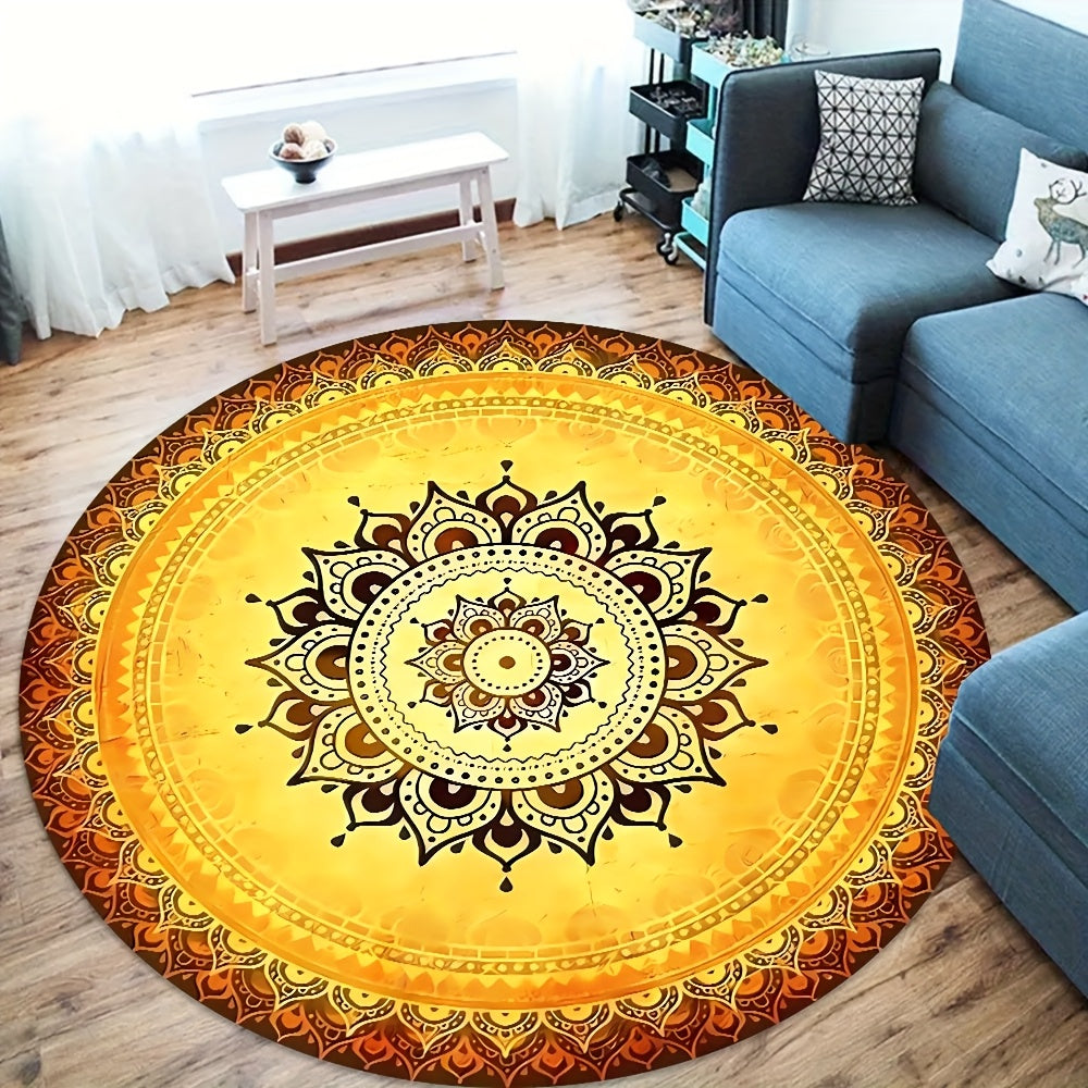 Tapis rond jaune à mandala soleil, Ø 180 cm en velours ras