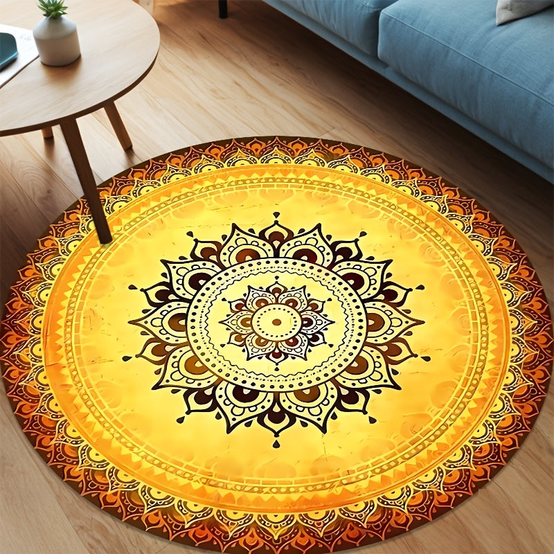 Tapis rond jaune à mandala soleil, Ø 180 cm en velours ras