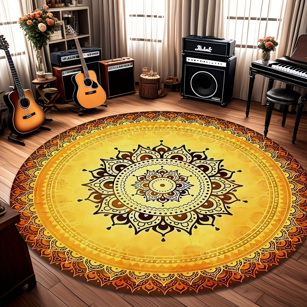 Tapis rond jaune à mandala soleil, Ø 180 cm en velours ras