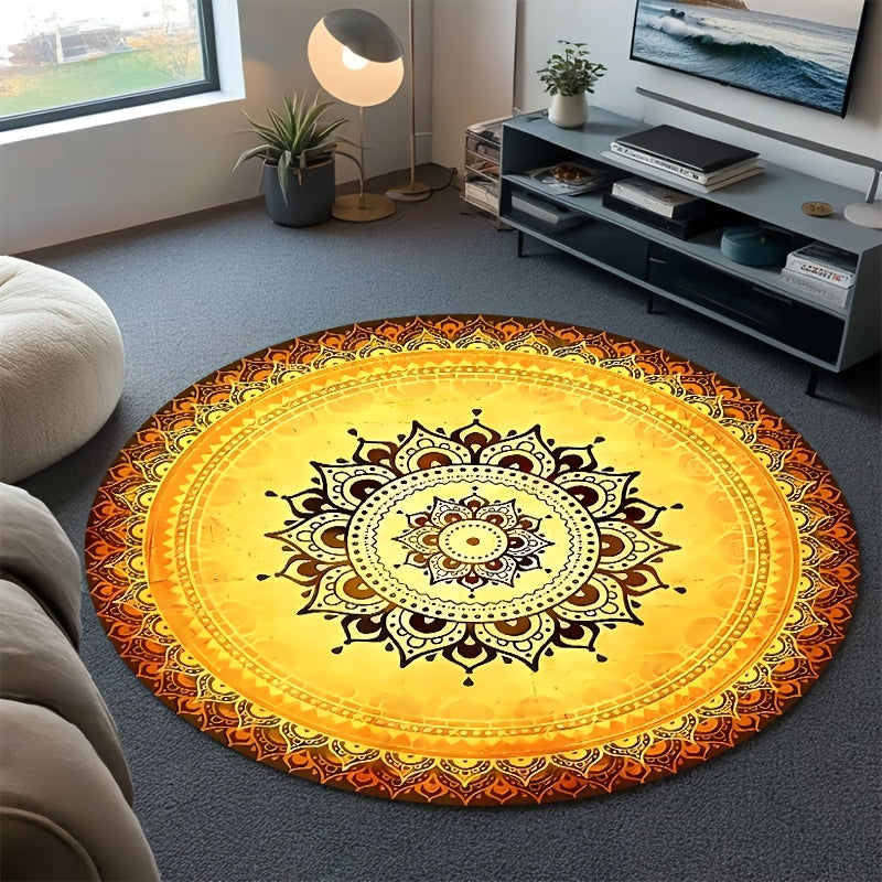 Tapis rond jaune à mandala soleil, Ø 180 cm en velours ras