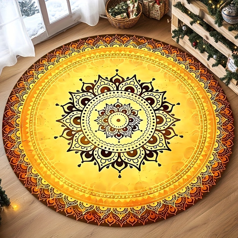 Tapis rond jaune à mandala soleil, Ø 180 cm en velours ras