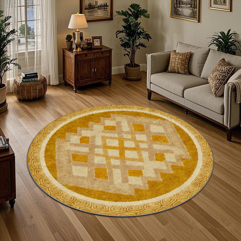 Tapis rond jaune moutarde à losanges beiges, esprit rétro