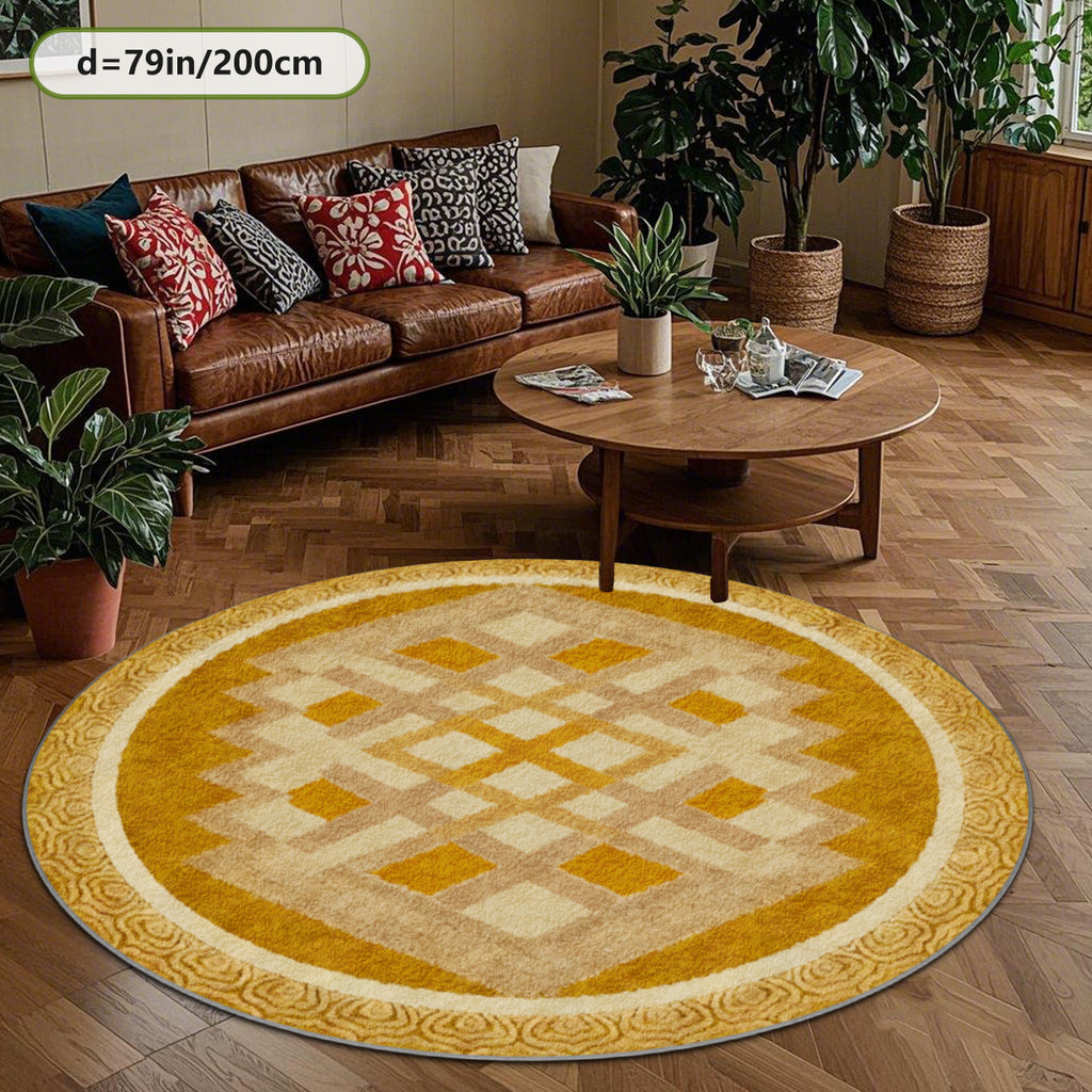 Tapis rond jaune moutarde à losanges beiges, esprit rétro