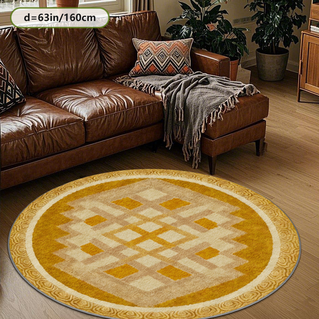 Tapis rond jaune moutarde à losanges beiges, esprit rétro
