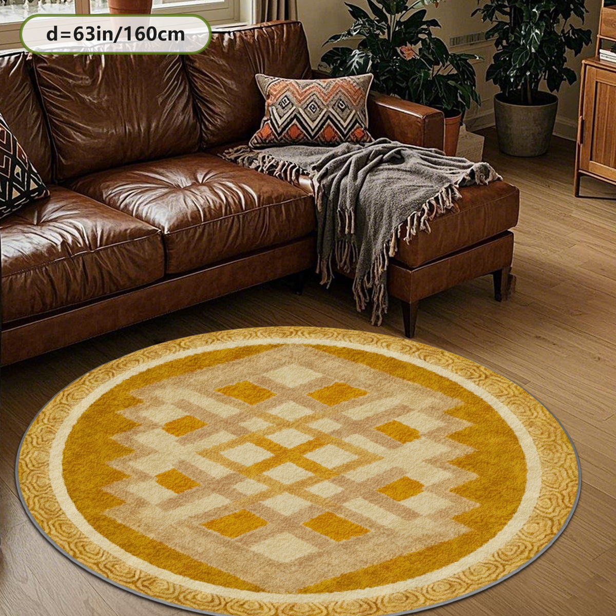 Tapis rond jaune moutarde à losanges beiges, esprit rétro