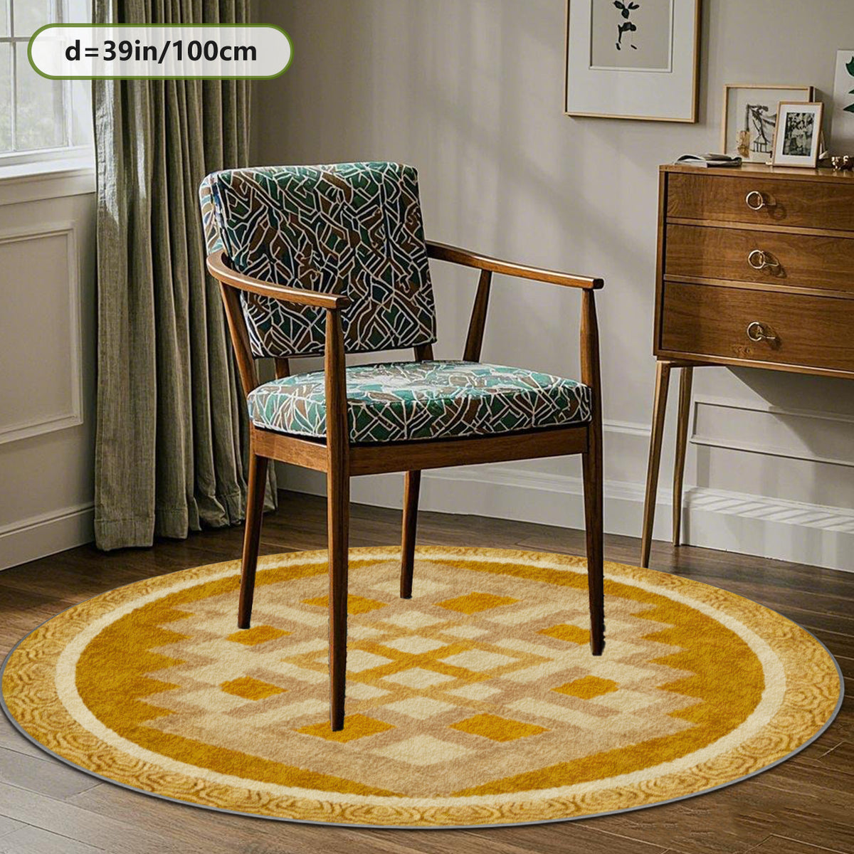Tapis rond jaune moutarde à losanges beiges, esprit rétro