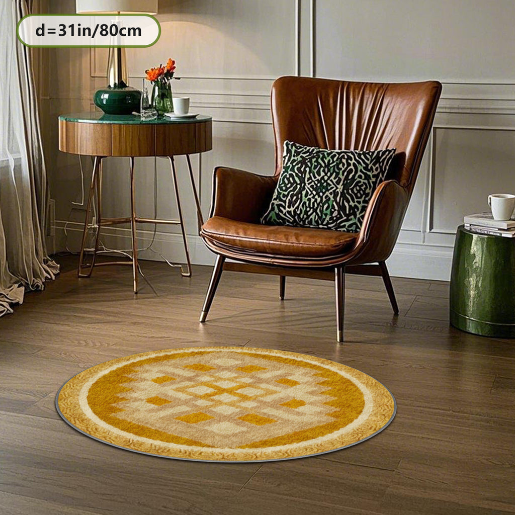 Tapis rond jaune moutarde à losanges beiges, esprit rétro