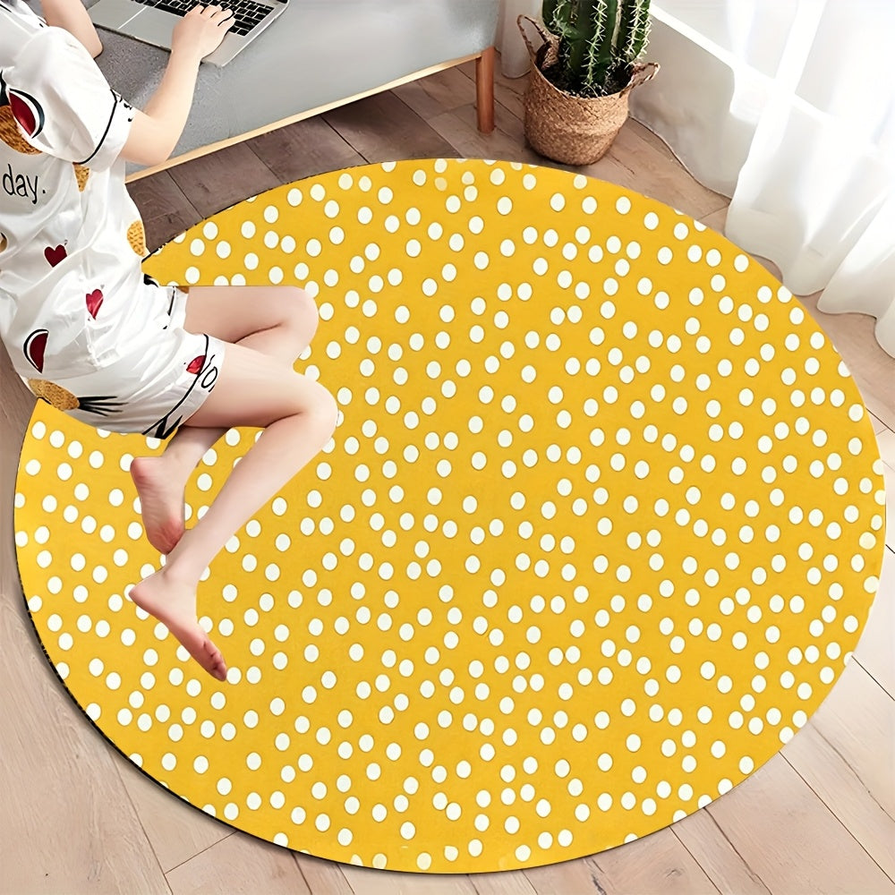 Tapis rond jaune à pois blancs semés, quatre tailles rondes