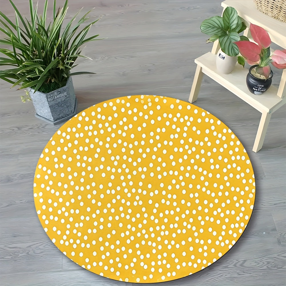 Tapis rond jaune à pois blancs semés, quatre tailles rondes