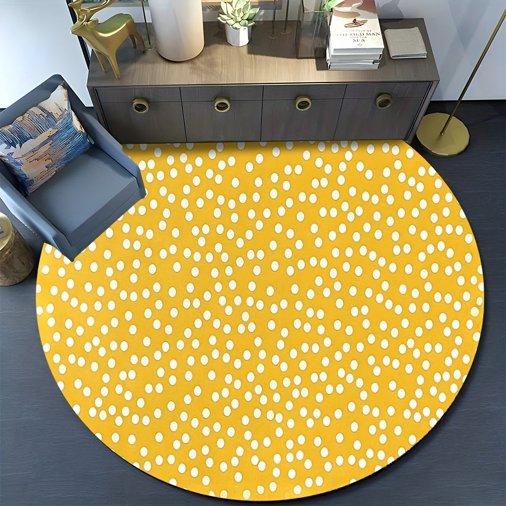 Tapis rond jaune à pois blancs semés, quatre tailles rondes
