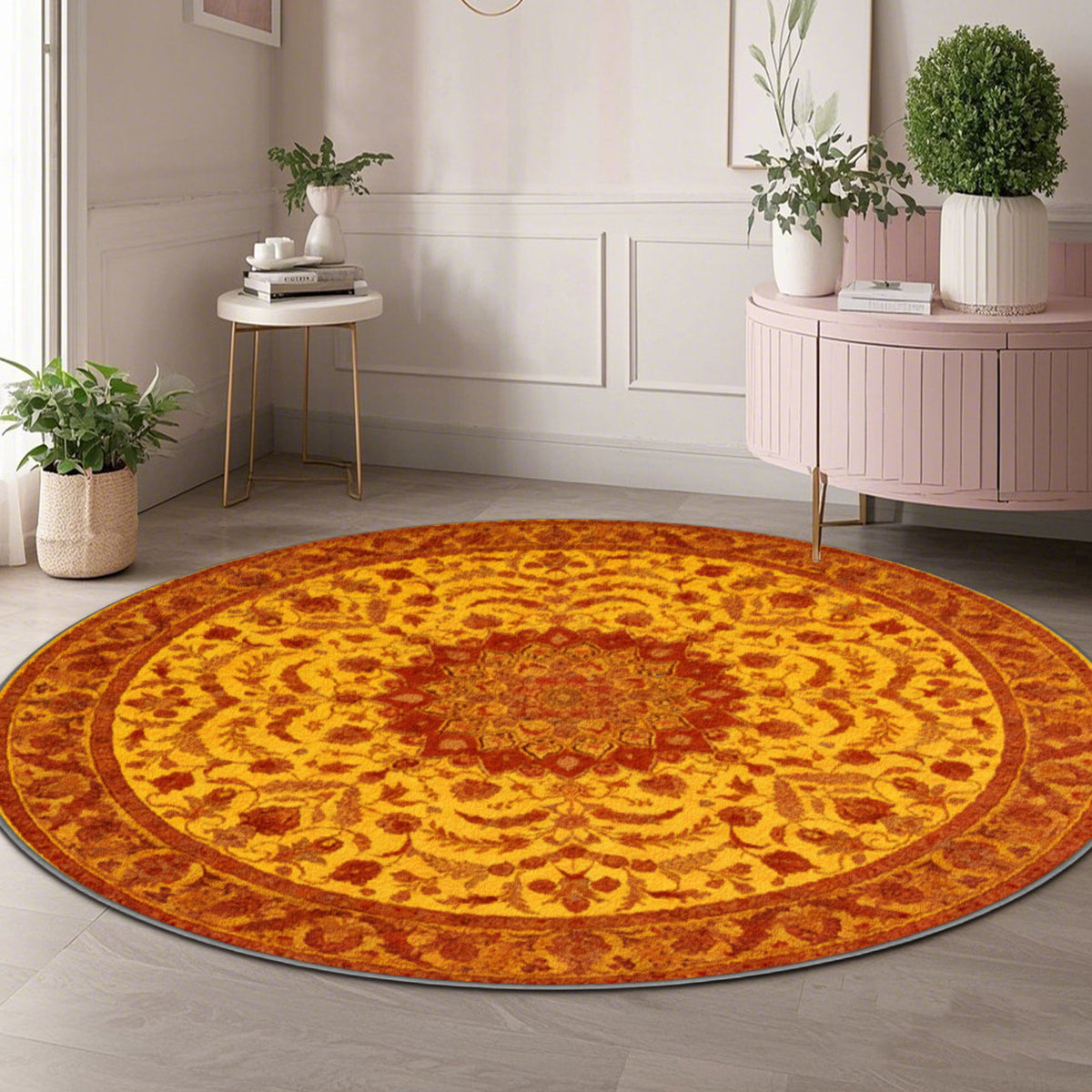 Tapis rond jaune safran à médaillon persan, Ø 160 et 200 cm