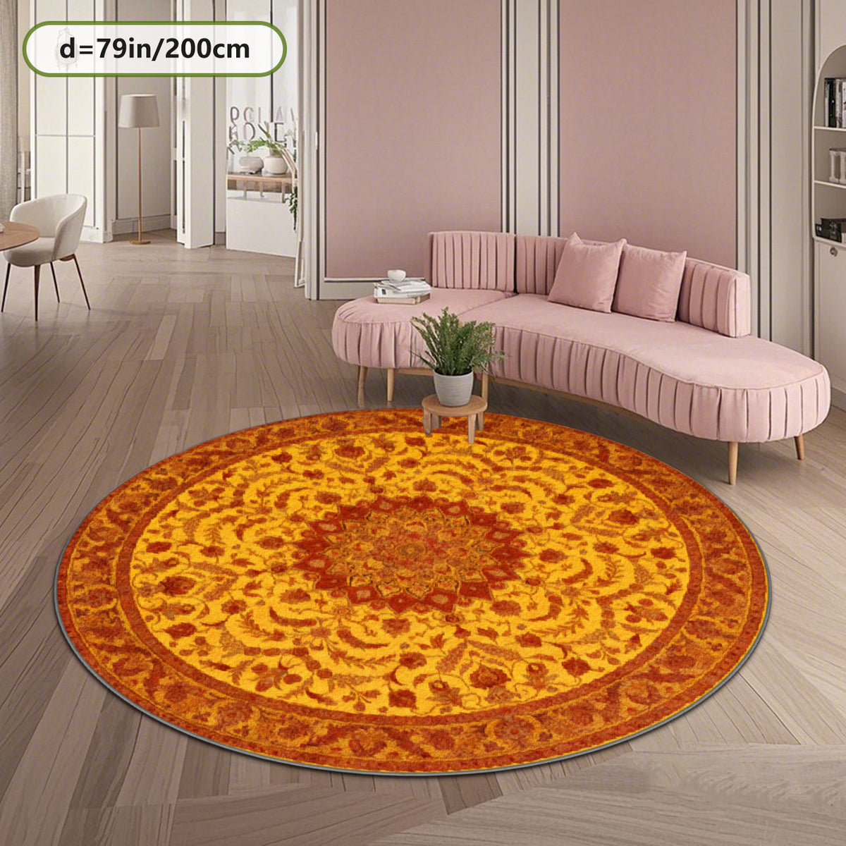 Tapis rond jaune safran à médaillon persan, Ø 160 et 200 cm