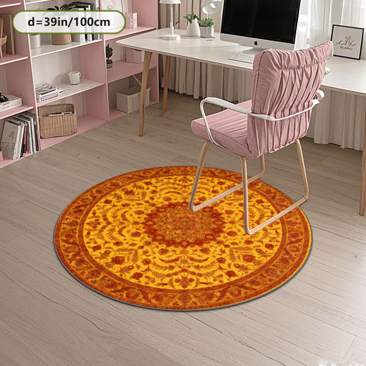Tapis rond jaune safran à médaillon persan, Ø 160 et 200 cm