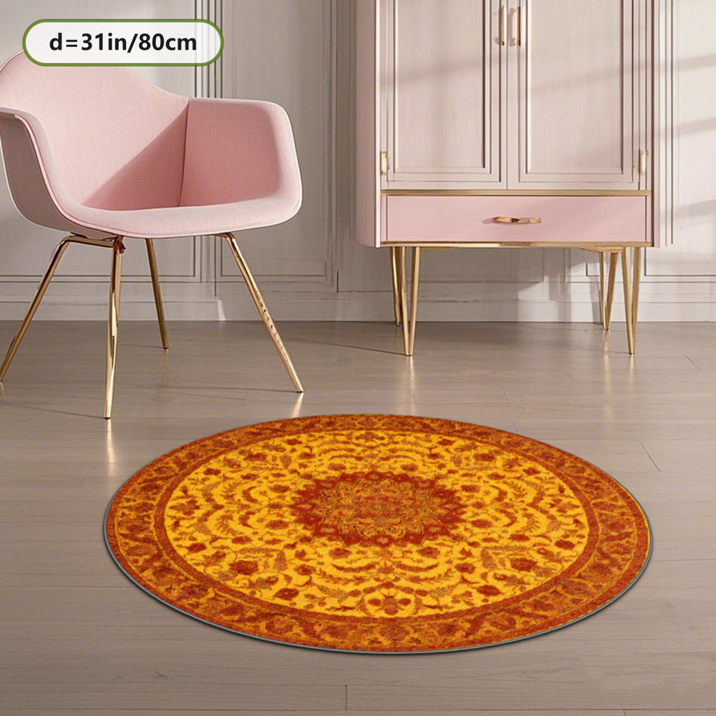 Tapis rond jaune safran à médaillon persan, Ø 160 et 200 cm