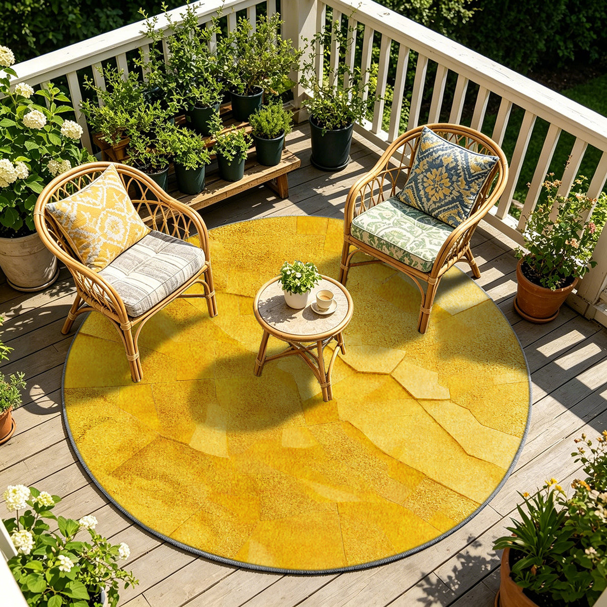 Tapis rond jaune safran à patchwork de dalles irrégulières