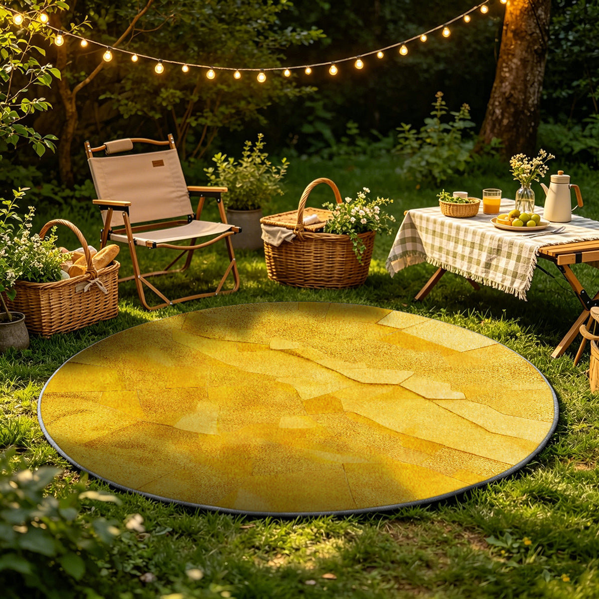 Tapis rond jaune safran à patchwork de dalles irrégulières