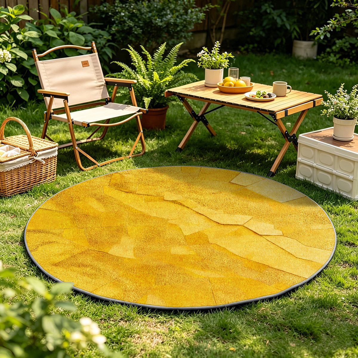 Tapis rond jaune safran à patchwork de dalles irrégulières