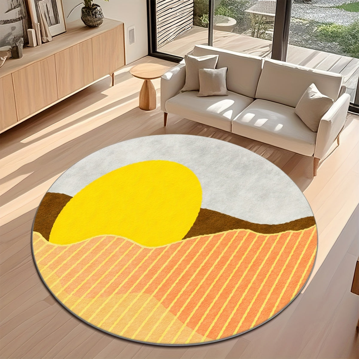 Tapis rond à soleil levant sur collines