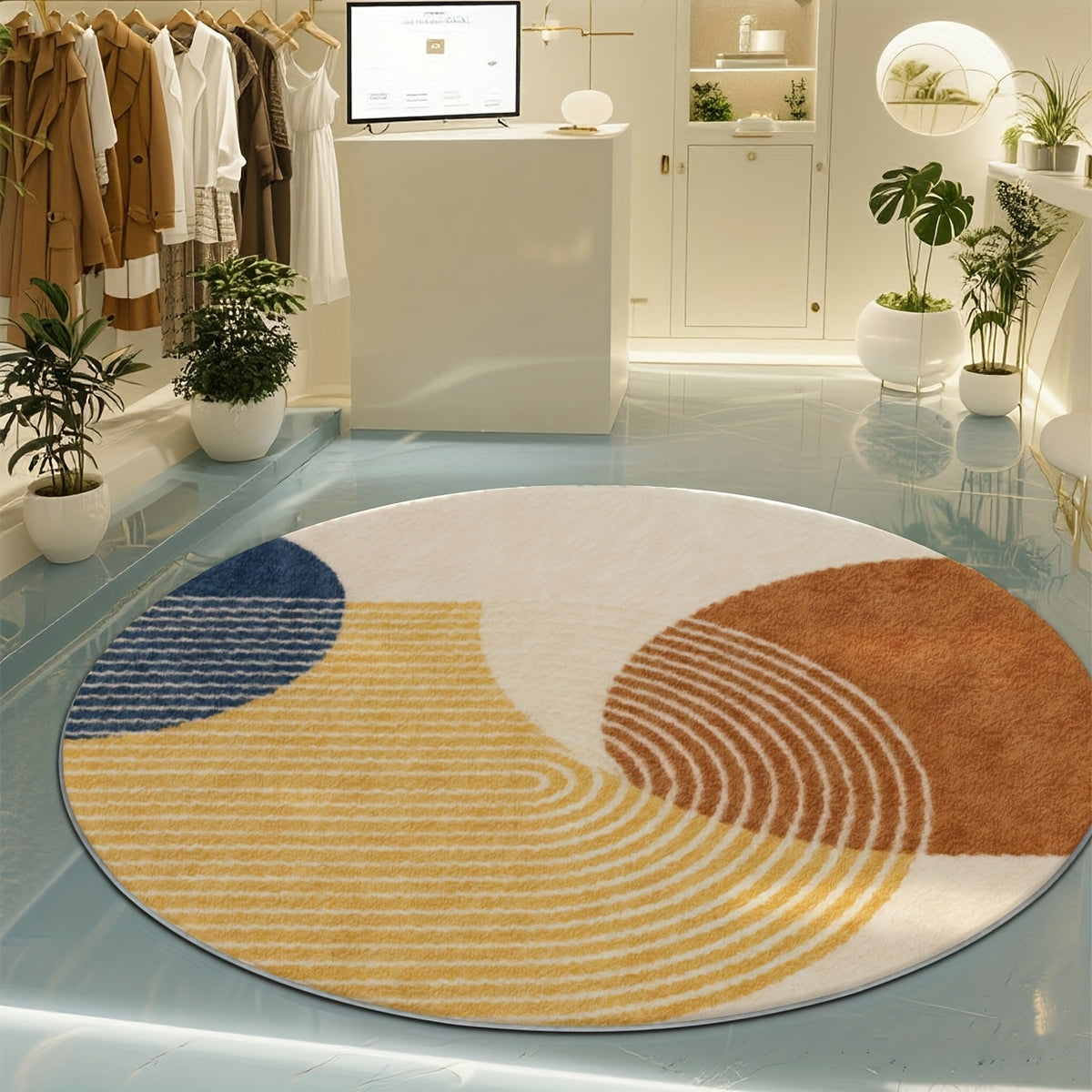 Tapis rond jaune et terracotta à damier, trois diamètres