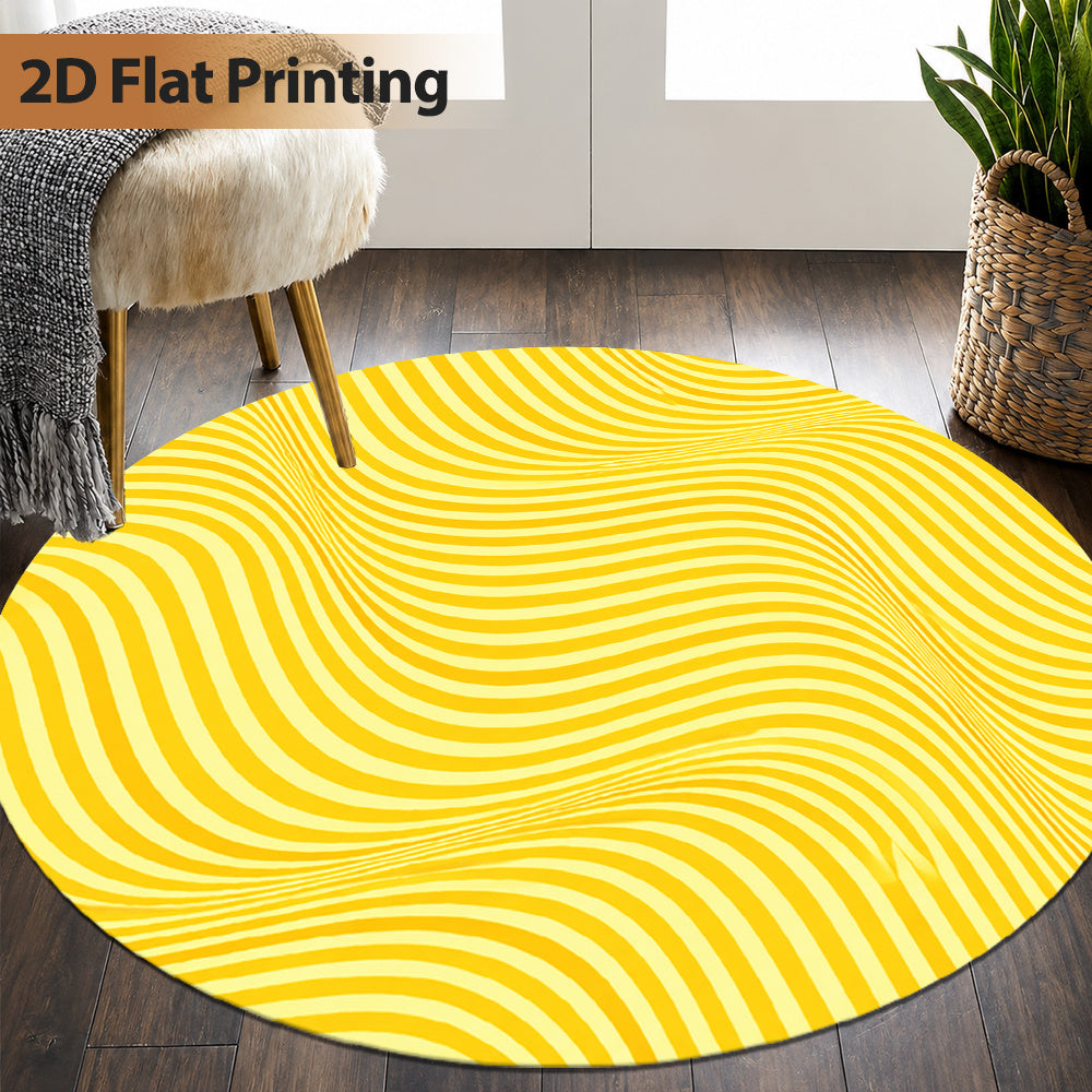 Tapis rond jaune à ondulations en trompe-l'œil, 6 tailles
