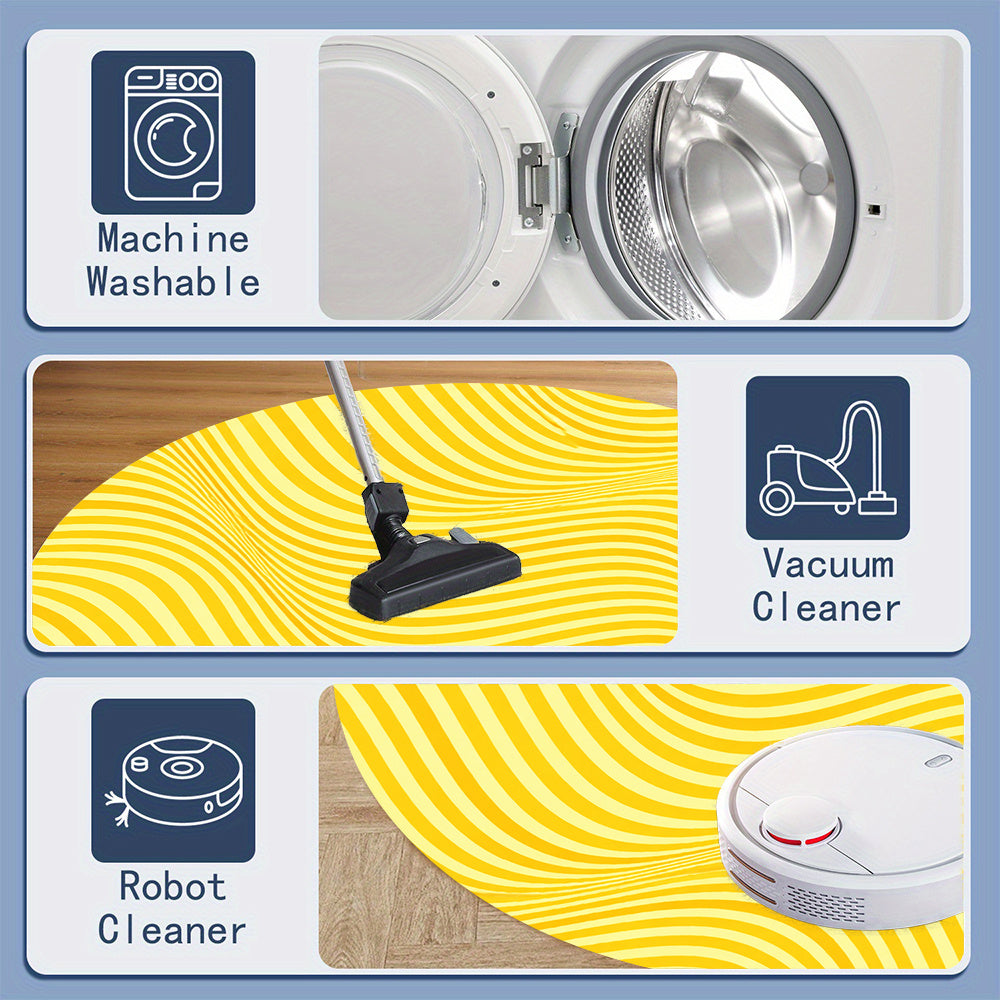 Tapis rond jaune à ondulations en trompe-l'œil, 6 tailles