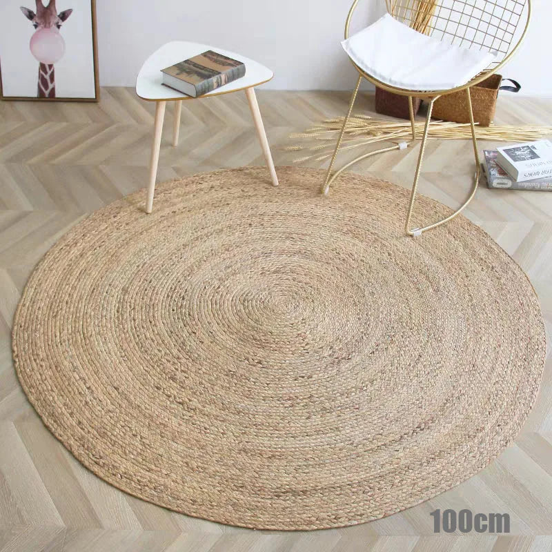 Tapis rond en jonc de mer tressé à la main, dossier de jute