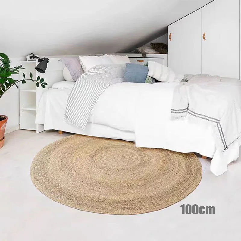 Tapis rond en jonc de mer tressé à la main, dossier de jute