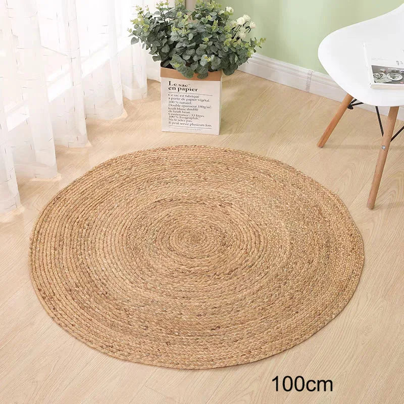 Tapis rond en jonc de mer tressé à la main, dossier de jute