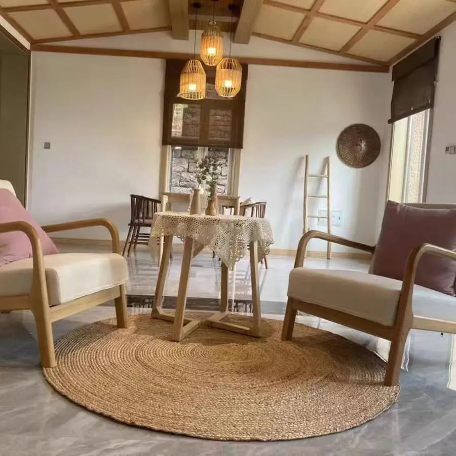 Tapis rond en jonc de mer tressé à la main, dossier de jute