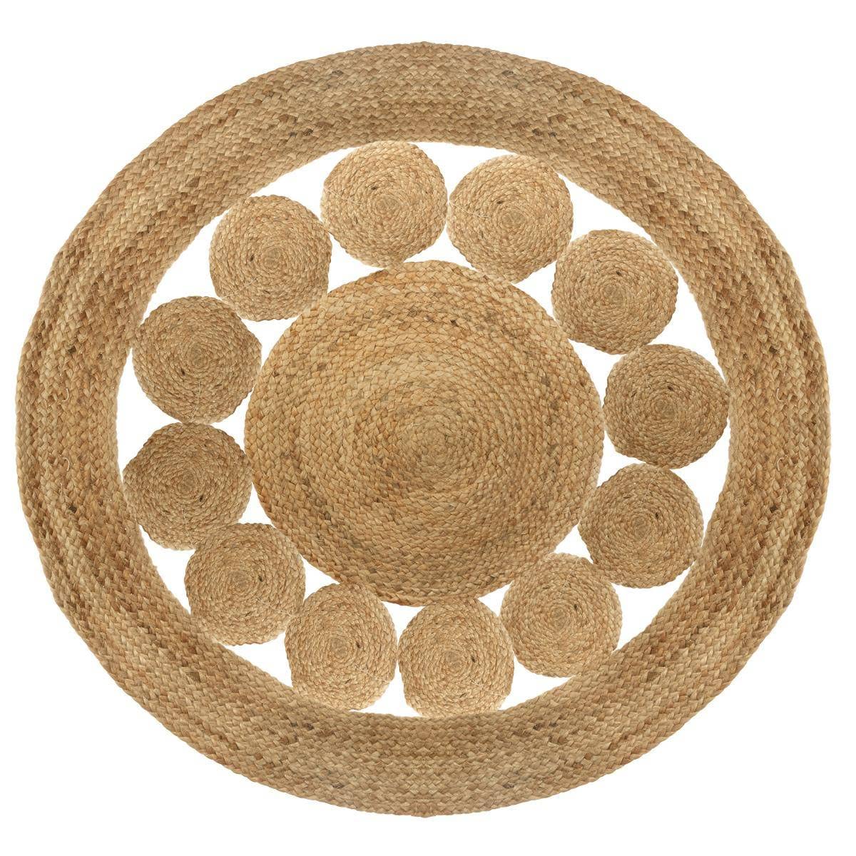 Tapis rond en jute naturel de 120 cm, motif soleil ajouré